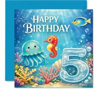 Carte d'anniversaire ludique pour 5ème anniversaire - Plongez dans le plaisir d'anniversaire - Scène sous-marine colorée avec méduse souriante et hippocampe - Carré de 145 mm, enveloppe incluse