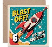 Carte d'anniversaire ludique pour 6e anniversaire - Blast off into a Brilliant 6th Birthday - Fusée rétro et scène spatiale colorée - Carré de 145 mm, enveloppe incluse