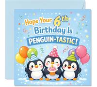 Carte d'anniversaire ludique pour 6e anniversaire - Célébrez les 6 ans avec style - Adorables pingouins avec ballons et chapeaux de fête - Carrée de 145 mm, enveloppe incluse