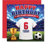 Carte d'anniversaire ludique pour 6e anniversaire - Coup off a Brilliant Birthday - Scène de stade de football avec confettis, trophée et maillot en gras numéro 6 - Carré de 145 mm, enveloppe incluse