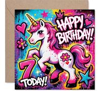 Carte d'anniversaire ludique pour 7e anniversaire - Grand anniversaire magique - Licorne de style graffiti avec cœurs, étoiles et fleurs - Carré de 145 mm, enveloppe incluse