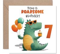 Carte d'anniversaire ludique pour 7e anniversaire - Make Their Big Day Dino-mite - Dinosaure joyeux avec ballons et cupcakes - Débordant de plaisir d'anniversaire - Carré de 145 mm, enveloppe incluse