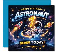 Carte d'anniversaire ludique pour 7e anniversaire - Motif astronaute joyeux flottant dans l'espace bleu et doré - Parfait pour une 7e célébration vibrante - Carré de 145 mm, enveloppe incluse