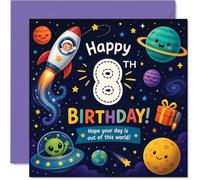 Carte d'anniversaire ludique pour 8e anniversaire - Blast off into Fun - Aventure spatiale colorée avec fusée, planètes et un alien amical - Carré de 145 mm, enveloppe incluse