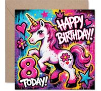 Carte d'anniversaire ludique pour 8e anniversaire - Bursting with Birthday Cheer - Licorne de style graffiti avec cœurs, étoiles et fleurs - Carré de 145 mm, enveloppe incluse