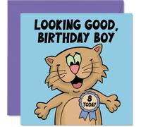 Carte d'anniversaire ludique pour 8e anniversaire - Chat de dessin animé coquin avec rosace gagnante - Design bleu clair plein de plaisir d'anniversaire - Carré de 145 mm, enveloppe incluse