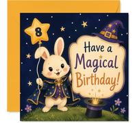Carte d'anniversaire ludique pour 8e anniversaire - Lapin magicien magicien et ballon étoile - Scène d'anniversaire magique bleu marine et doré - Idéal pour stimuler les jeunes imaginations - Carré de