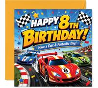 Carte d'anniversaire ludique pour 8e anniversaire - Plaisir de course - Voitures de course colorées et confettis sur une piste vibrante - Carré de 145 mm, enveloppe incluse