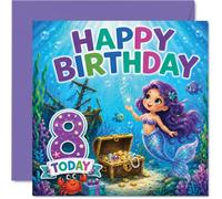 Carte d'anniversaire ludique pour 8e anniversaire - Plongez dans le plaisir d'anniversaire - Scène de sirène fantaisiste et trésor avec naufrage, créatures marines et chiffre étincelant carré de 8 à