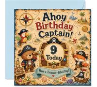 Carte d'anniversaire ludique pour 9e anniversaire - Ensemble voile pour aventure d'anniversaire - Équipage d'animaux de pirate avec coffre au trésor et carte - Carré de 145 mm, enveloppe incluse