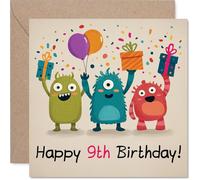 Carte d'anniversaire ludique pour 9e anniversaire - Explosion de joie d'anniversaire - Trois monstres colorés avec ballons et cadeaux - Garanti de sourire - Carré de 145 mm, enveloppe incluse