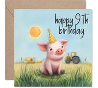 Carte d'anniversaire ludique pour 9e anniversaire - Oink-tastic Fun for Turning Nine - Cochon joyeux dans un chapeau de fête sur une ferme ensoleillée - Débordant de joie d'anniversaire - Carré de 145