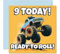 Carte d'anniversaire ludique pour 9ème anniversaire - Rev Up the Birthday Fun - Camion monstre coloré en train de charger à travers le gras « 9 Today ! Ready to Roll » - Carré de 145 mm, enveloppe