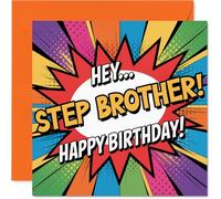 Carte d'anniversaire ludique pour beau-frère - Vibes de bande dessinée audacieuse - Design coloré avec dynamique « HEY... Step Brother ! Happy Birthday ! » - Carré de 145 mm, enveloppe incluse