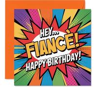 Carte d'anniversaire ludique pour fiancé - Débordant d'énergie d'anniversaire - Design audacieux de style bande dessinée avec des reflets orange vif - Carré de 145 mm, enveloppe incluse