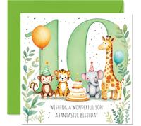Carte d'anniversaire ludique pour fils - Amusant d'anniversaire - Animaux mignons, gâteaux et ballons dans une scène festive - Débordant de joie colorée - Carré de 145 mm, enveloppe incluse