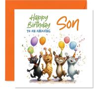Carte d'anniversaire ludique pour fils - Chats et ballons qui aiment la fête dans une émeute de couleur - Design amusant et festif - Garanti pour apporter la joie d'anniversaire - Carré de 145 mm