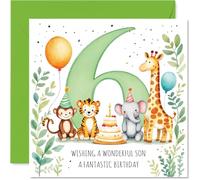 Carte d'anniversaire ludique pour fils - Exaltant de joie d'anniversaire - Animaux ludiques, gâteau et ballons aux couleurs vives - Carré de 145 mm, enveloppe incluse