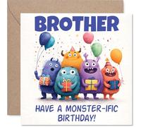 Carte d'anniversaire ludique pour frère - Monster Mash-up Fun - Créatures colorées de dessin animé en mode fête - Garanti de le faire sourire - Carré de 145 mm, enveloppe incluse