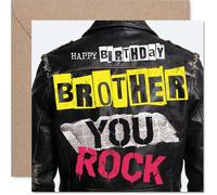 Carte d'anniversaire ludique pour frère - Rock on avec des vibrations audacieuses de veste en cuir - Motif d'anniversaire vibrant « You Rock » - Carré de 145 mm, enveloppe incluse