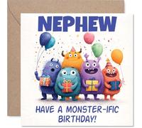 Carte d'anniversaire ludique pour neveu - Monstres colorés en mode fête - Une façon joyeuse de célébrer votre neveu - Carré de 145 mm, enveloppe incluse
