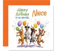 Carte d'anniversaire ludique pour nièce - Chiens et ballons sous une douche à confettis - Scène d'anniversaire joyeuse canine - Garanti d'égayer sa journée spéciale - Carré de 145 mm, enveloppe