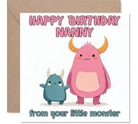 Carte d'anniversaire ludique pour nounou - From Your Little Monster - Mignons monstres de dessin animé en rose et bleu - Une façon coquine de faire sourire une nounou - Carré de 145 mm, enveloppe