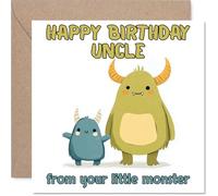Carte d'anniversaire ludique pour oncle - Souhaits d'anniversaire ludiques - Jolis monstres de dessin animé en vert vif, bleu et jaune - Carré de 145 mm, enveloppe incluse