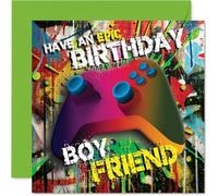 Carte d'anniversaire ludique pour petit ami - Level Up His Day - Design coloré de manette de jeu sur un fond audacieux et énergique - Carré de 145 mm, enveloppe incluse