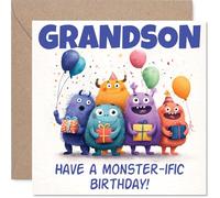 Carte d'anniversaire ludique pour petit-fils - Cheer d'anniversaire de la taille d'un monstre - Monstres colorés de dessin animé en mode fête - sûr de le faire rire - Carré de 145 mm, enveloppe