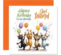 Carte d'anniversaire ludique pour petite amie - Débordant de joie d'anniversaire - Quatre chats, ballons et confettis colorés - Carré de 145 mm, enveloppe incluse