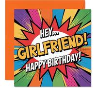 Carte d'anniversaire ludique pour petite amie - Débordante de joie d'anniversaire - Design audacieux de style bande dessinée en orange vif - Carré de 145 mm, enveloppe incluse