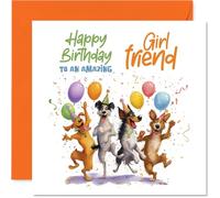 Carte d'anniversaire ludique pour petite amie - Débordante de joie d'anniversaire - Motif chiens ludiques, ballons et confettis - Garanti pour apporter un grand sourire - Carré de 145 mm, enveloppe