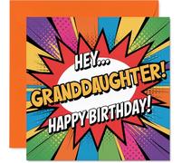 Carte d'anniversaire ludique pour petite-fille - Débordante de joie d'anniversaire - Design multicolore de style bande dessinée avec texte en gras ludique - Carré de 145 mm, enveloppe incluse