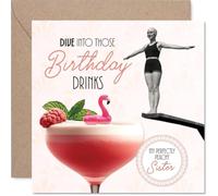 Carte d'anniversaire ludique pour sœur, plongez dans le plaisir | Cocktail flamant rose rétro avec plongeur vintage, ambiance pêche pour votre fabuleuse sœur, carré de 145 mm