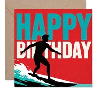 Carte d'anniversaire ludique - Ride the Wave into Another Year - Silhouette de surfeur sur fond rouge vif - pour ceux qui aiment un peu d'aventure - Carré de 145 mm, enveloppe incluse