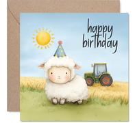 Carte d'anniversaire ludique - Sheepish Giggles for Their Big Day - Mouton mignon dans un chapeau de fête avec scène de tracteur ensoleillé - Carré de 145 mm, enveloppe incluse