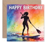 Carte d'anniversaire ludique - Silhouette vibrante de planche à pagaie - Scène multicolore joyeuse pleine de plaisir - Carré de 145 mm, enveloppe incluse