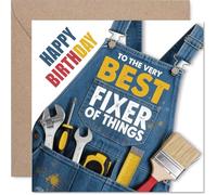 Carte d'anniversaire ludique - To the Very Best Fixer of Things - Salopette en jean avec design d'outils - Parfait pour votre Whizz préféré - Carré de 145 mm, enveloppe incluse