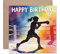 Carte d'anniversaire ludique - Vibes d'anniversaire punchy - Silhouette de boxeur multicolore vibrante sur un fond audacieux - Célébration avec énergie Knockout - Carré de 145 mm, enveloppe incluse