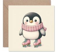 Carte d'anniversaire ludique - Waddle into their Birthday - Pingouin insolite sur patins à roulettes apporte une touche de joie hivernale - Carré de 145 mm, enveloppe incluse