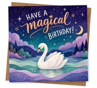 Carte d'anniversaire magique avec cygne et scène de lac étoilé, mignon et fantaisiste