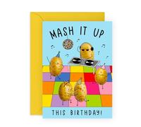 Carte d'anniversaire « Mash It Up ! » - Insolite et amusante sur le thème disco pour les amateurs de nourriture, les fans de purée de pommes de terre, petit ami, petite amie, amis, meilleure amie,