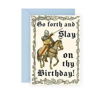 Carte d'anniversaire médiévale chevalier - « Go Forth and Slay » - Carte guerrier pour homme, papa, mari, frère, petit ami, cousin, neveu, dames, compagnon, collègues, garçons - Livré avec des