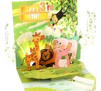 Carte d'anniversaire musicale pour enfants de 3 ans, animaux 3D, 3ème carte d'anniversaire avec musique et lumière, carte pop-up chantante pour 3e anniversaire, pour garçons et filles