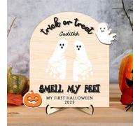 Carte d'anniversaire personnalisée en bois avec empreinte de pied de bébé - Pour la première fois Halloween - Décoration de chambre d'enfant (style 7,1 x 20,3 x 20,3 cm)