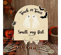 Carte d'anniversaire personnalisée en bois avec empreinte de pied de bébé - Pour la première fois Halloween - Décoration de chambre d'enfant (style 4,6 x 20,3 x 20,3 cm)