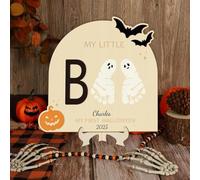 Carte d'anniversaire personnalisée en bois avec empreinte de pied de bébé - Pour la première fois Halloween - Décoration de chambre d'enfant (style 12,2 x 20,3 x 20,3 cm)