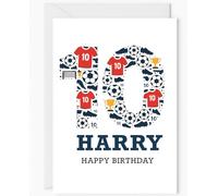 Carte d'anniversaire personnalisée pour garçons de 10 ans - Nom personnalisé - Chemise rouge et motif football - Carte d'anniversaire pour les fans de football - Carte amusante pour enfants sportifs