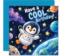 Carte d'anniversaire Pingouin, vœux d'anniversaire hors du monde | Joli astronaute flottant dans une scène spatiale colorée, carré de 145 mm, enveloppe incluse